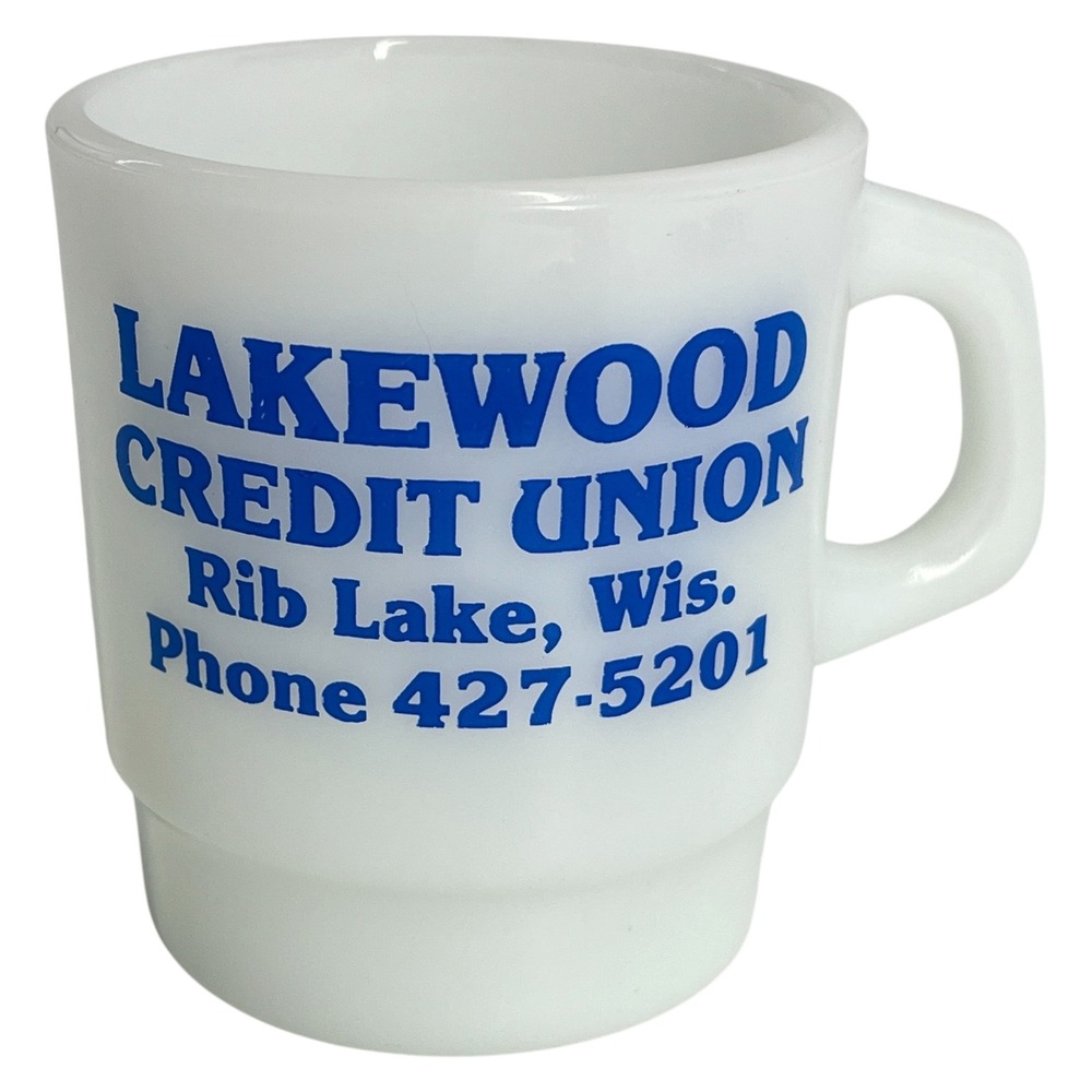 Lakewood Credit Union Rib Lake WI Milk Glass Advertising Coffee Mug 70s Vintage